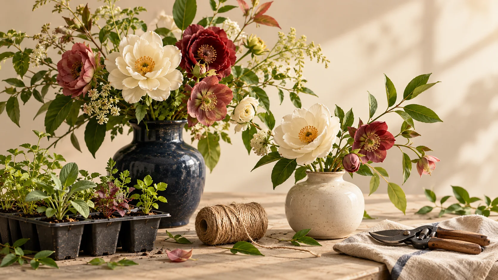 تصویرسازی گل، نهال و ابزار باغبانی