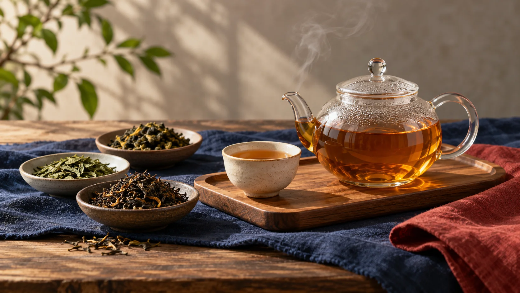تصویرسازی قوری، فنجان و نمونه‌های برگ چای