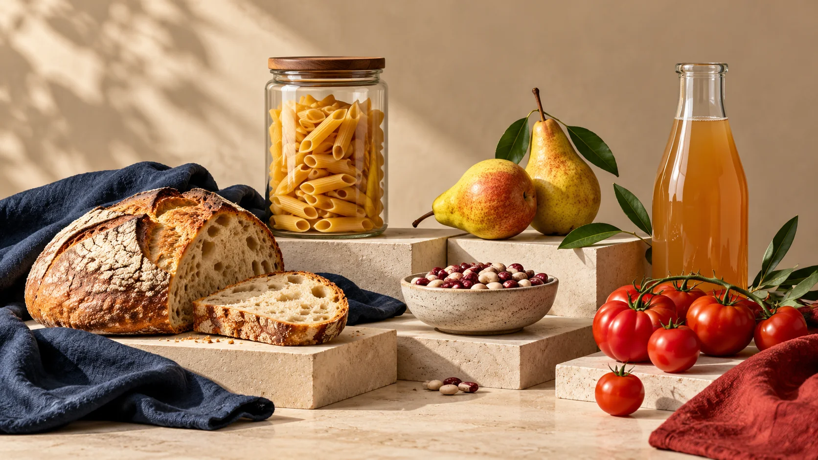 تصویرسازی نان، میوه، حبوبات و نوشیدنی